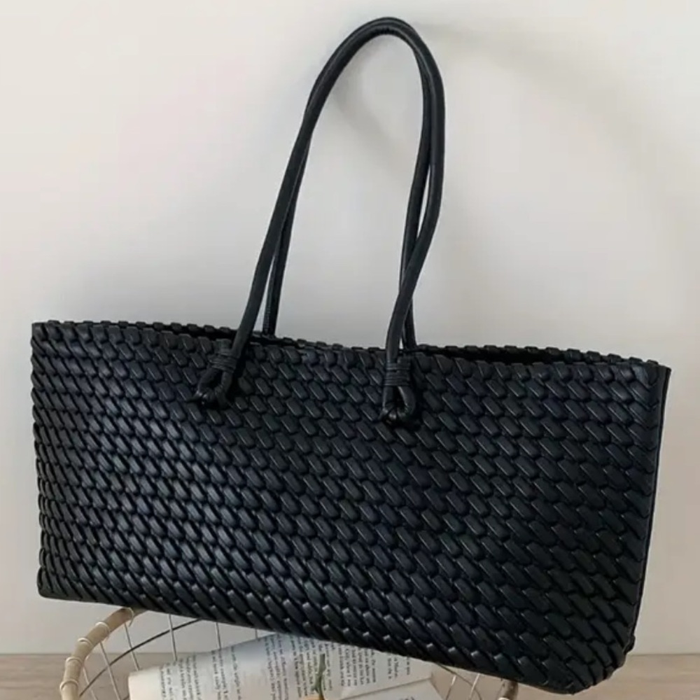*New* Black Woven East-West Style Shoulder Tote HandBag Work Travel Going Out
